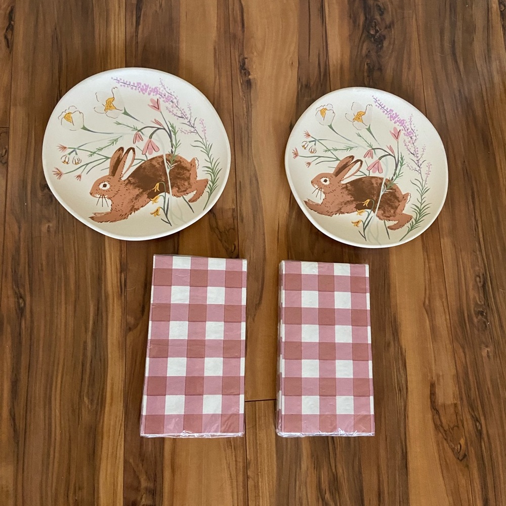 New spring rabbit bunny salad plate set and pink checker plaid napkins